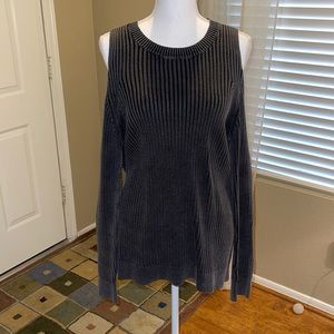 Love Riche Black Grey Ribbed Cold Shoulder Sweater